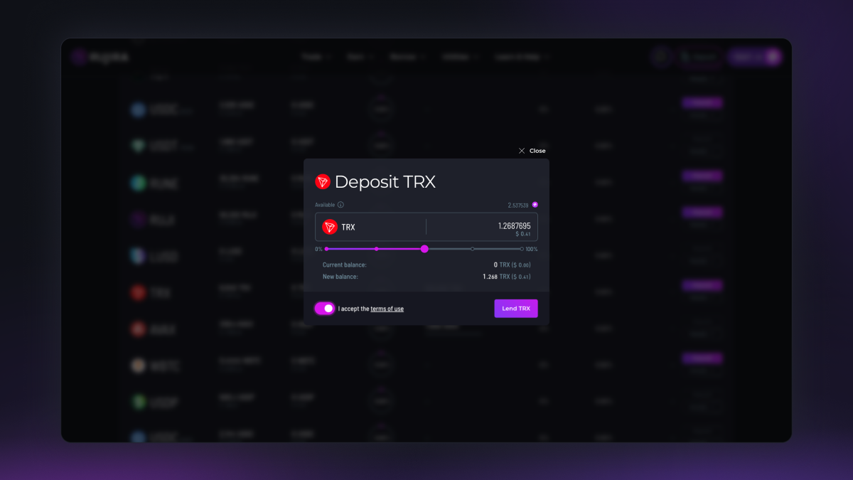 RUJI Money Market lending interface showing the Deposit TRX window, an entered TRX amount, the resulting balance, and the button to lend TRX.