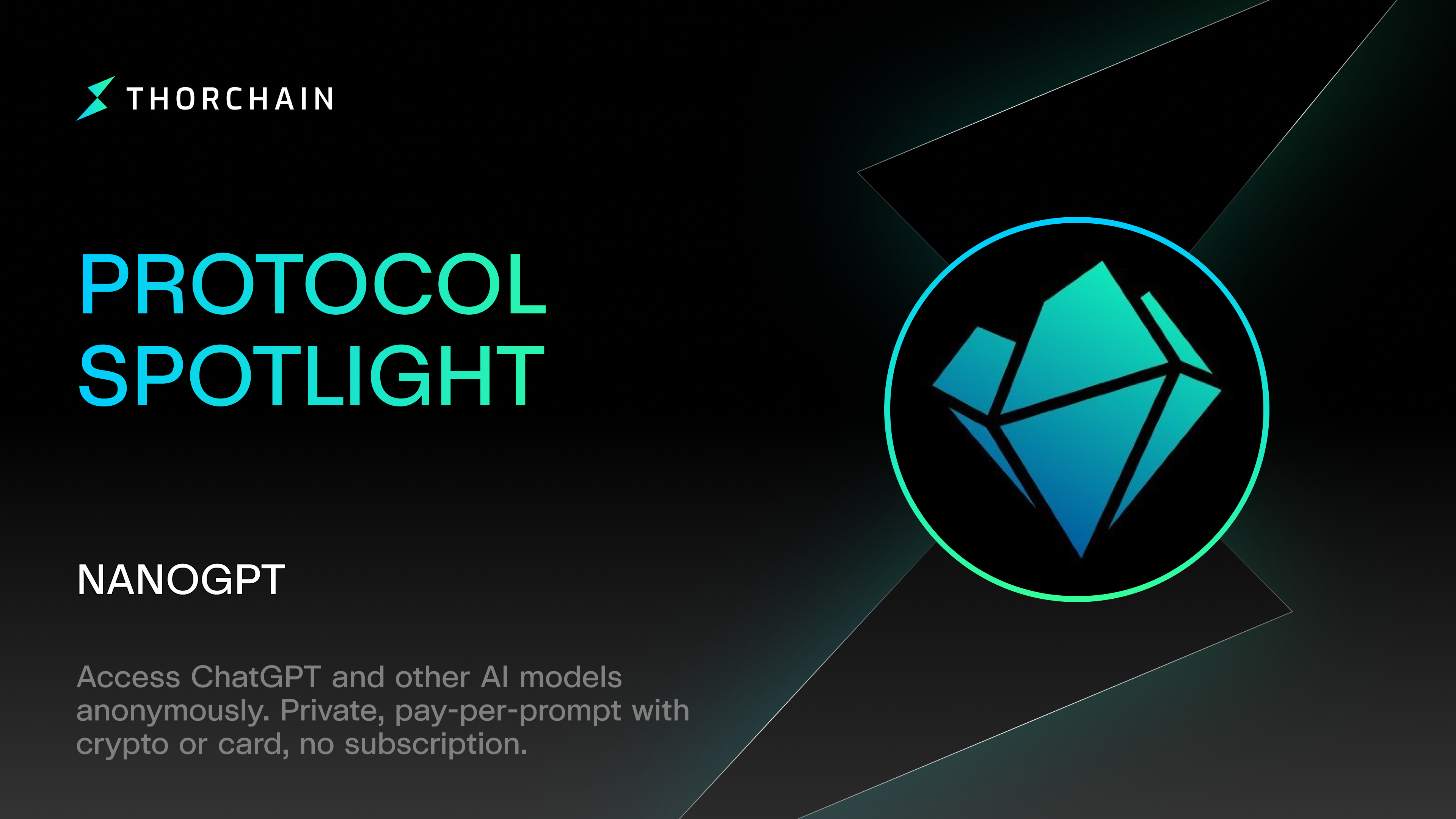 NanoGPT and THORChain branding together, representing NanoGPT's accountless AI model marketplace settling crypto payments through THORChain.