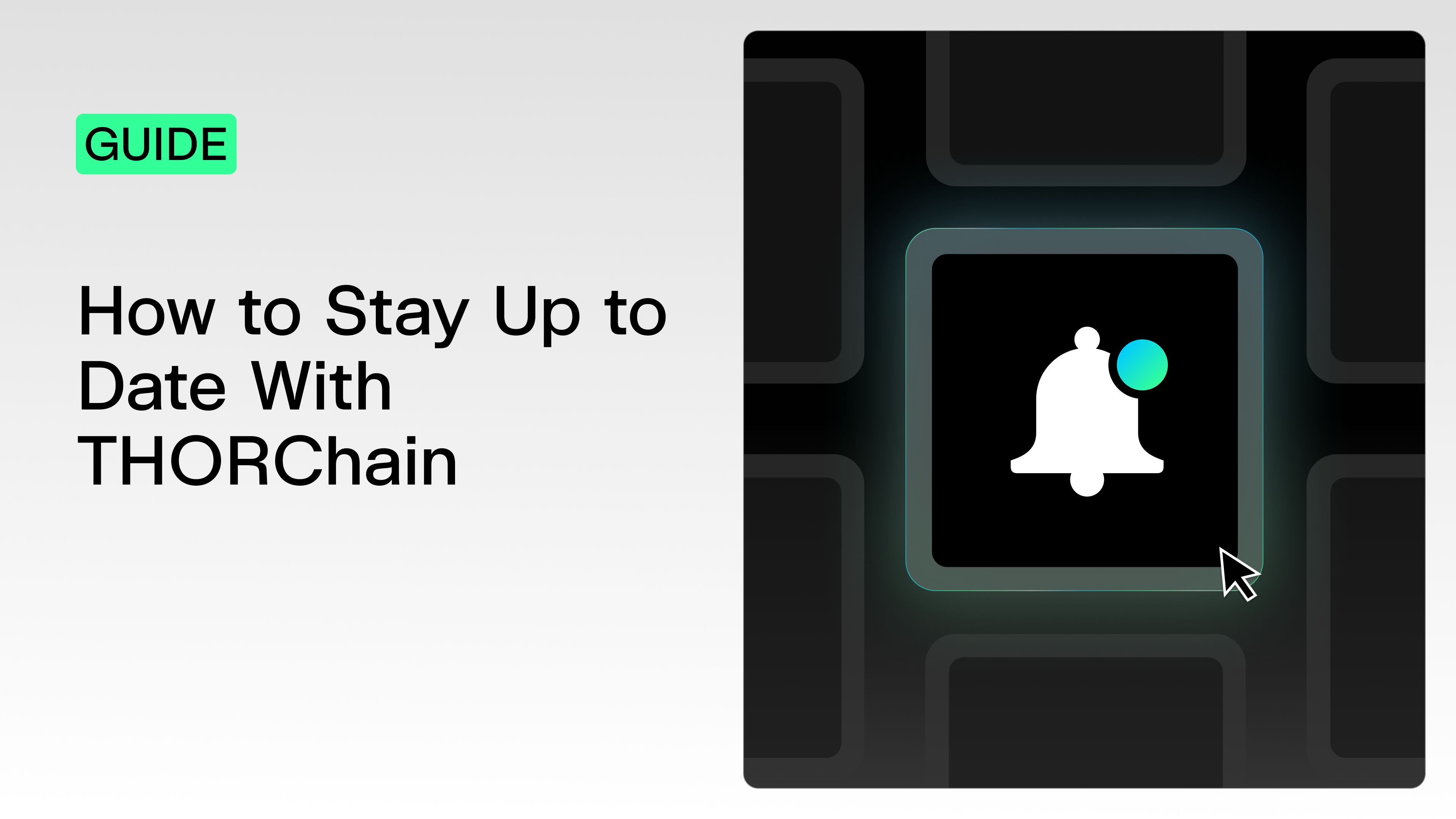 A mint green notification bell glyph on a black key, cover of THORChain's guide to its official channels, podcasts and social media.