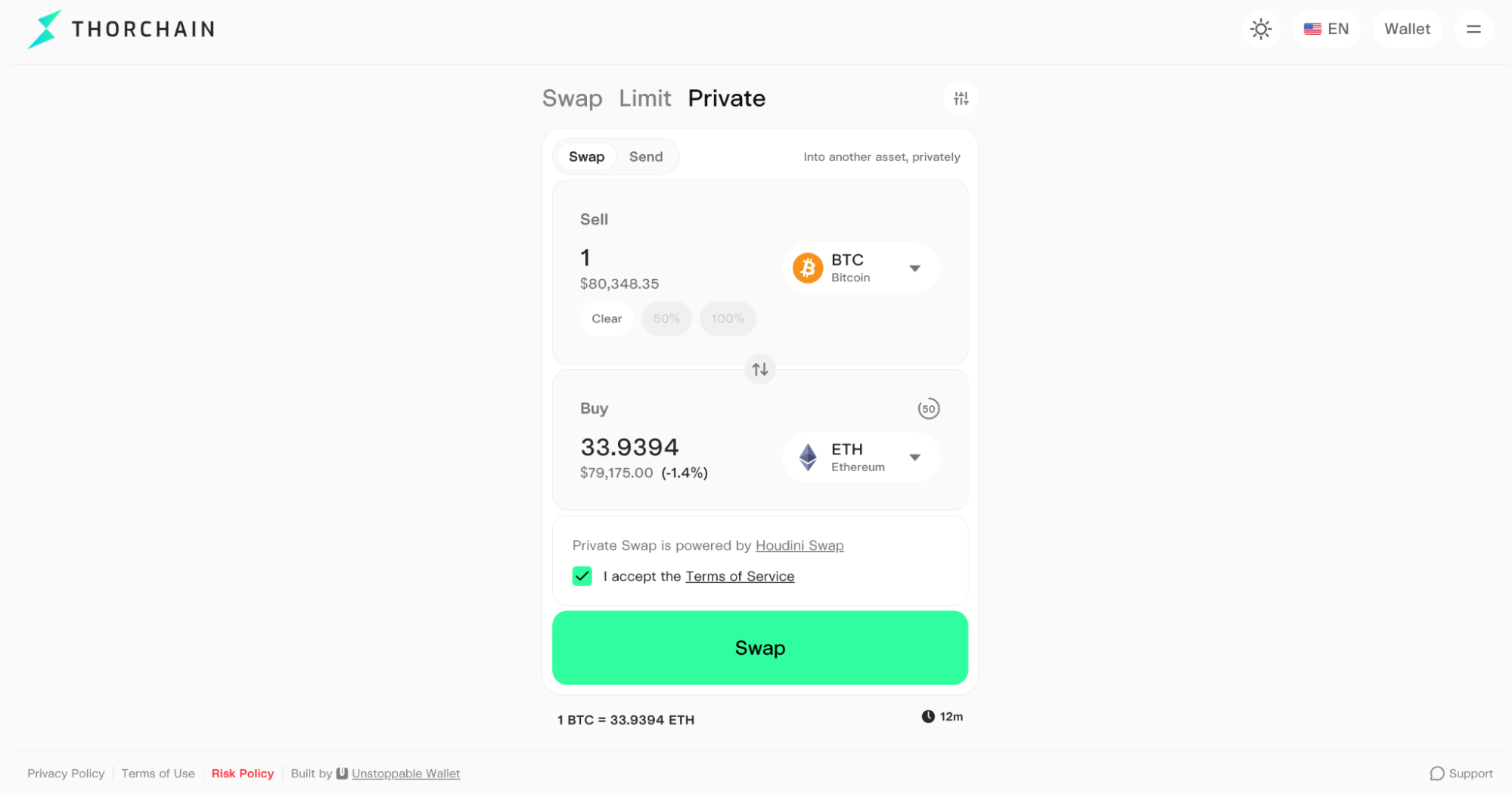 The Private tab of swap.thorchain.org, set to swap 1 BTC for ETH, with "Private Swap is powered by Houdini Swap".