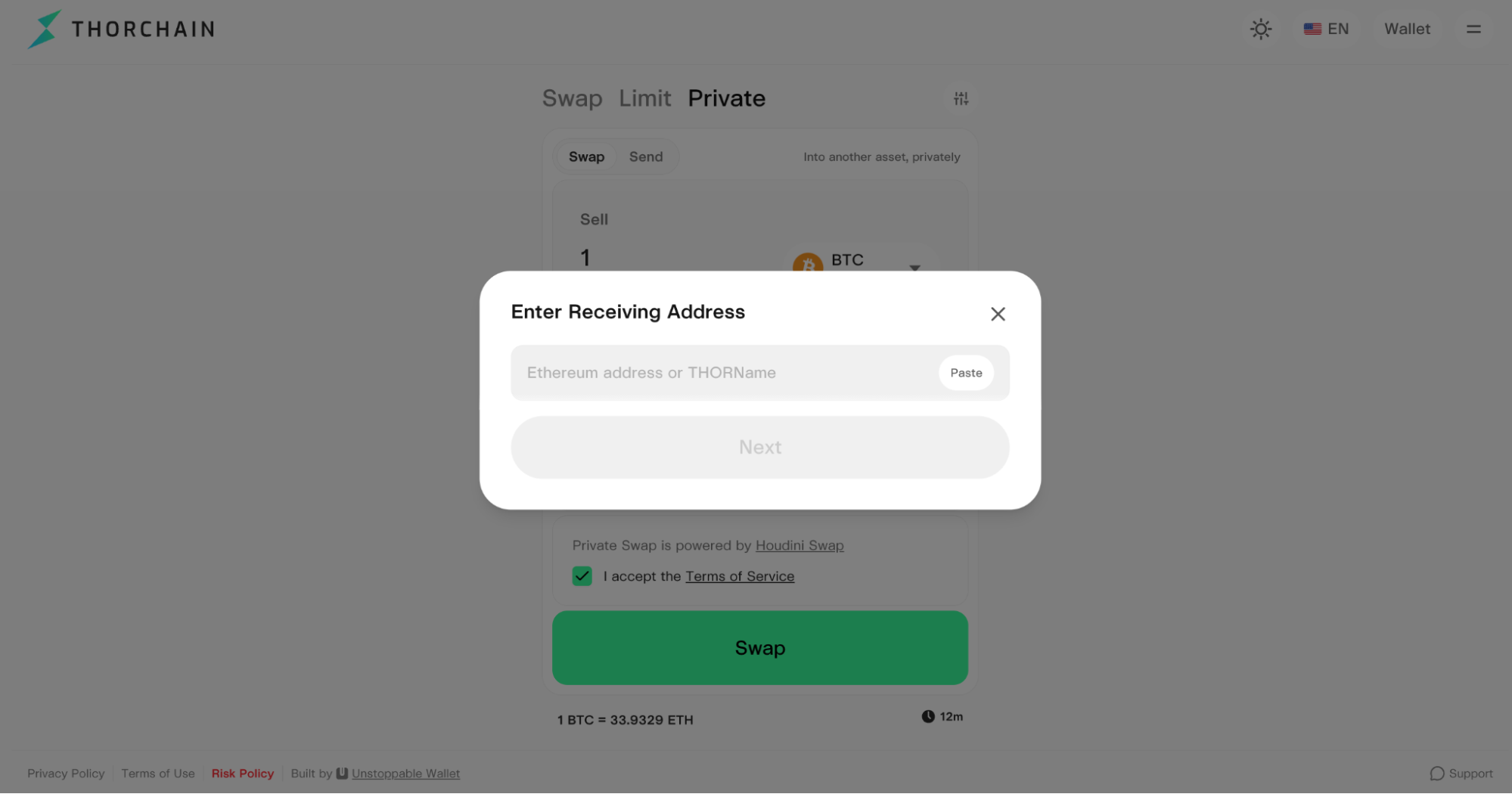 The "Enter Receiving Address" window, asking for an Ethereum address or THORName.