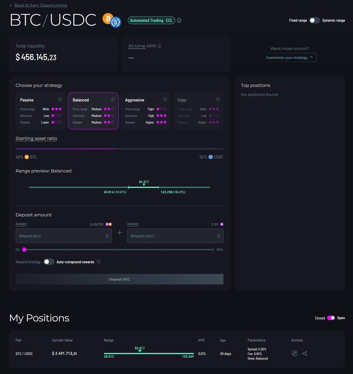 Simplified BTC and USDC liquidity strategy interface with preset strategies, an asset ratio, a price-range preview, and deposit controls.