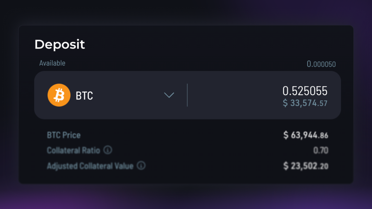 RUJI Money Market deposit panel showing BTC amount, market price, a 0.70 collateral ratio, and the resulting adjusted collateral value.