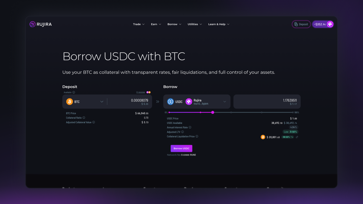 RUJI Money Market borrowing screen showing BTC deposited as collateral to borrow USDC, with the collateral ratio, Adjusted LTV, interest rate, and liquidation price.