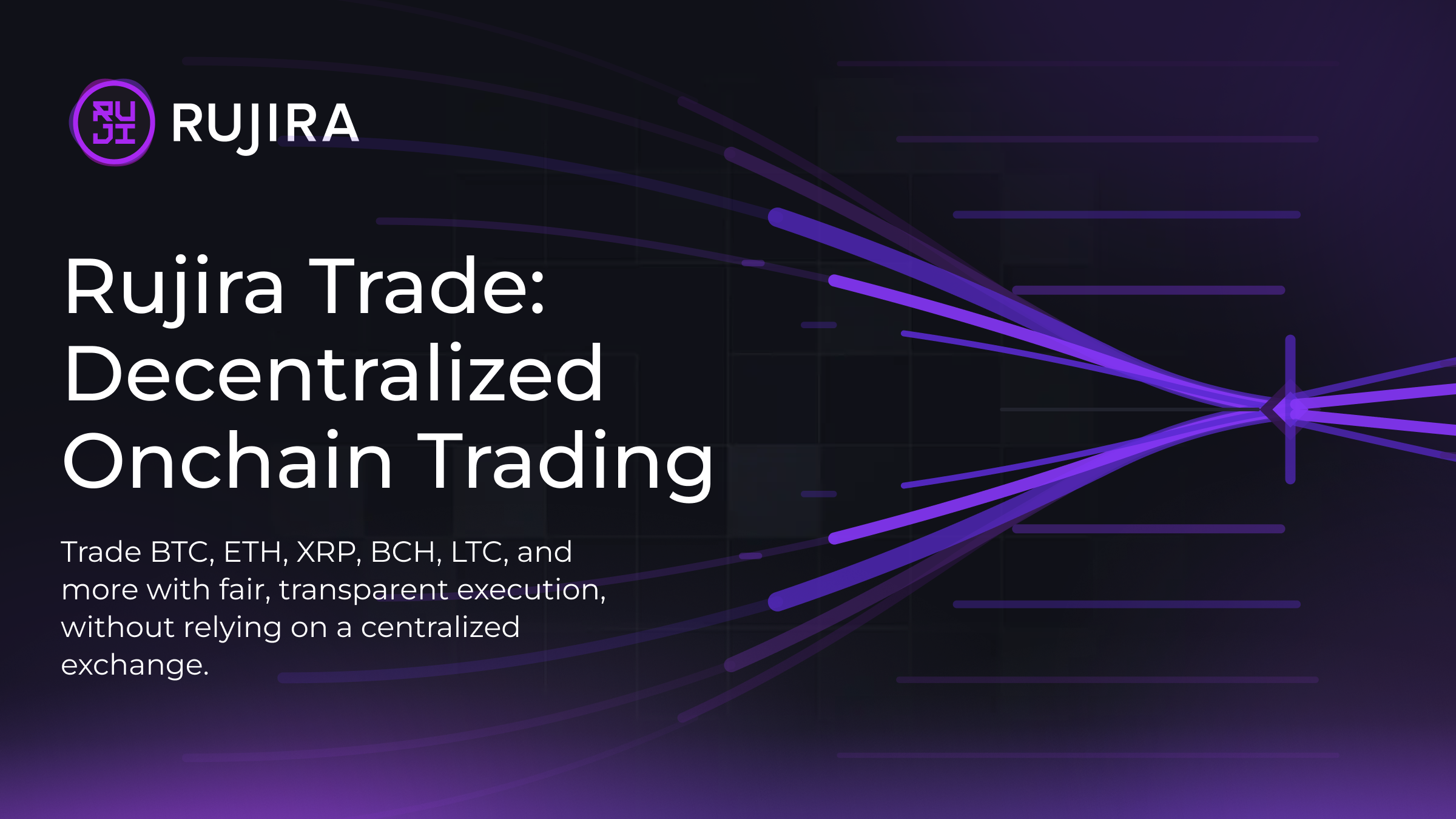 Rujira Trade banner with abstract purple bid and ask paths converging at an onchain execution point.