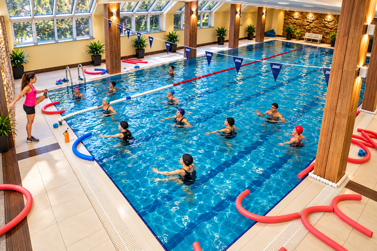 Водна аеробика в закрития басейн — около двайсет и пет души с цветни водни макарони стоят във водата, над тях са опънати сини знаменца Zoggs.
