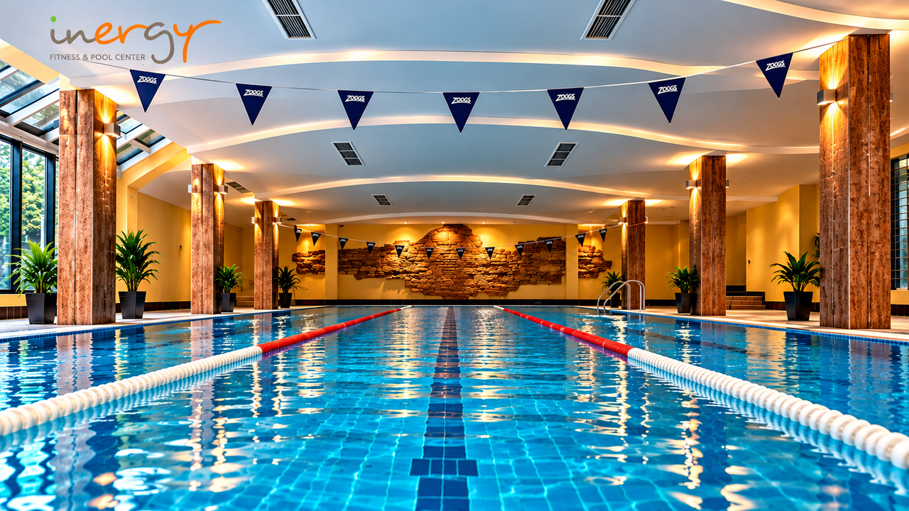 The indoor pool with blue lane ropes, Zoggs bunting and wooden columns