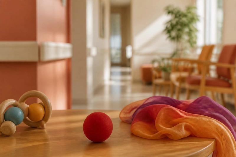 Small objects of care and play in a calm healthcare setting.