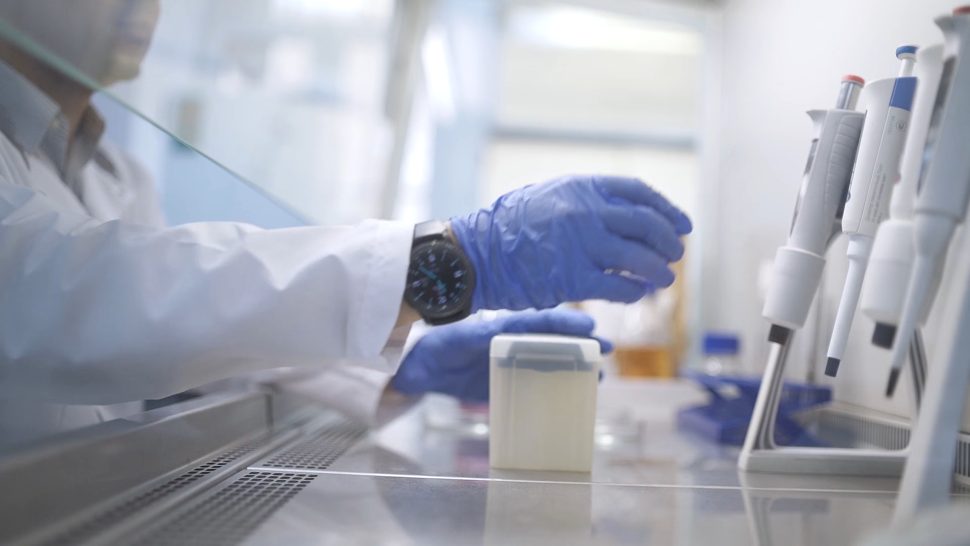 Researcher wearing blue gloves working with laboratory equipment.