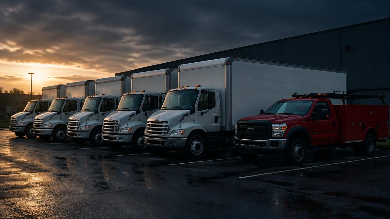 Row of white fleet box trucks beside a red mobile maintenance truck