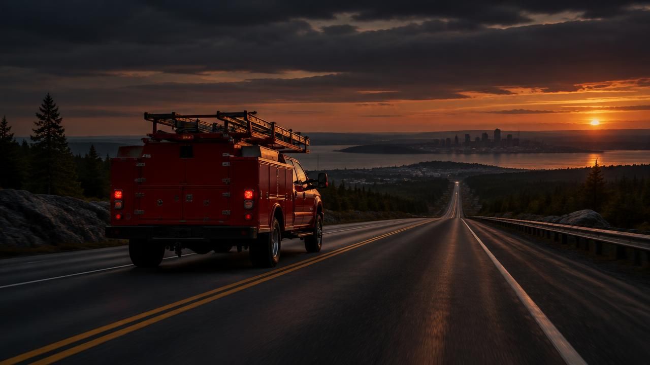 Red mobile service truck on a Maine highway heading toward Portland at sunset