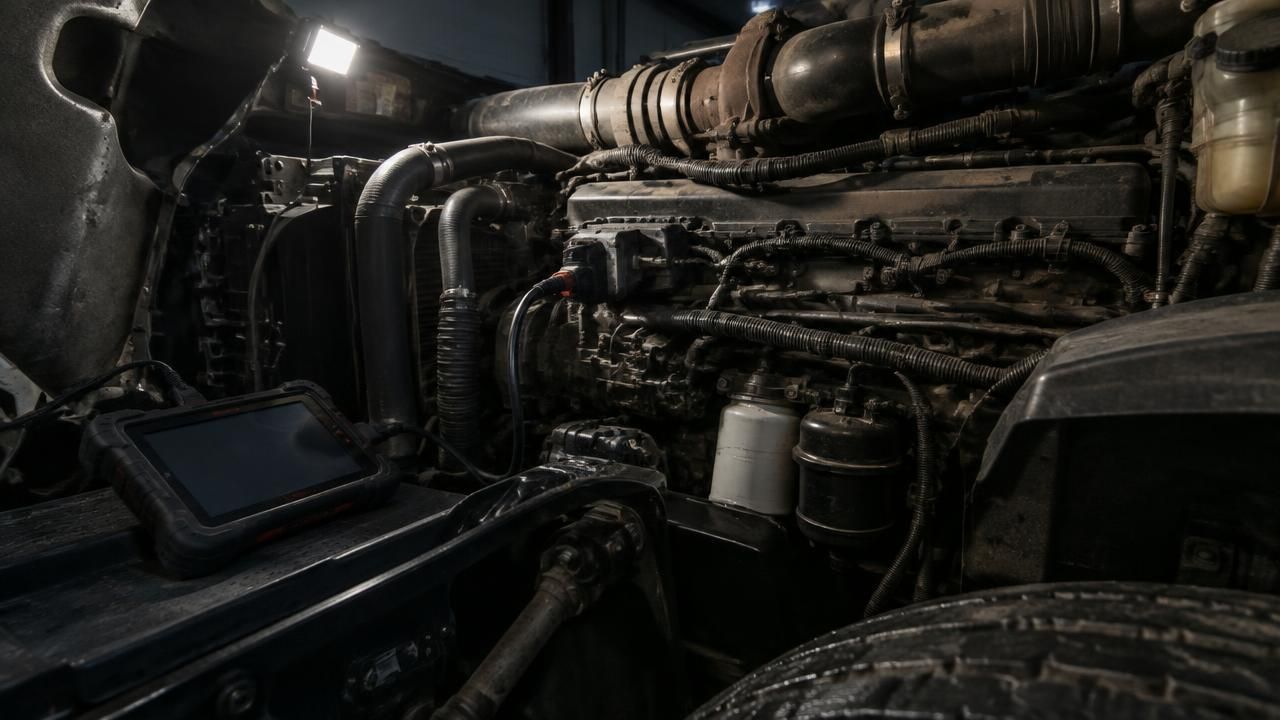 Diagnostic scan tool connected inside an open heavy truck diesel engine bay
