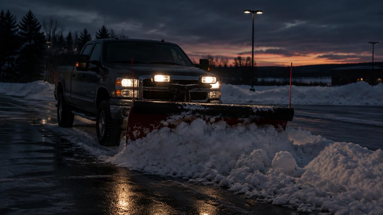Pickup truck with a snowplow clearing a Maine parking lot at dusk