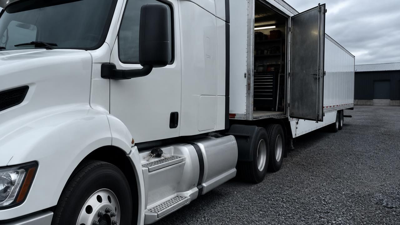 White semi truck parked on flat gravel with keys ready for mobile repair