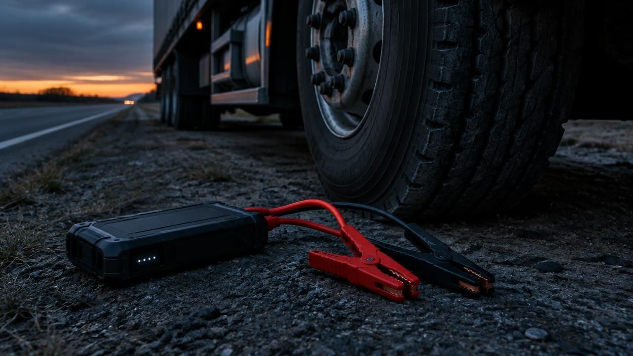 Portable jump starter with red and black clamps beside a commercial truck tire