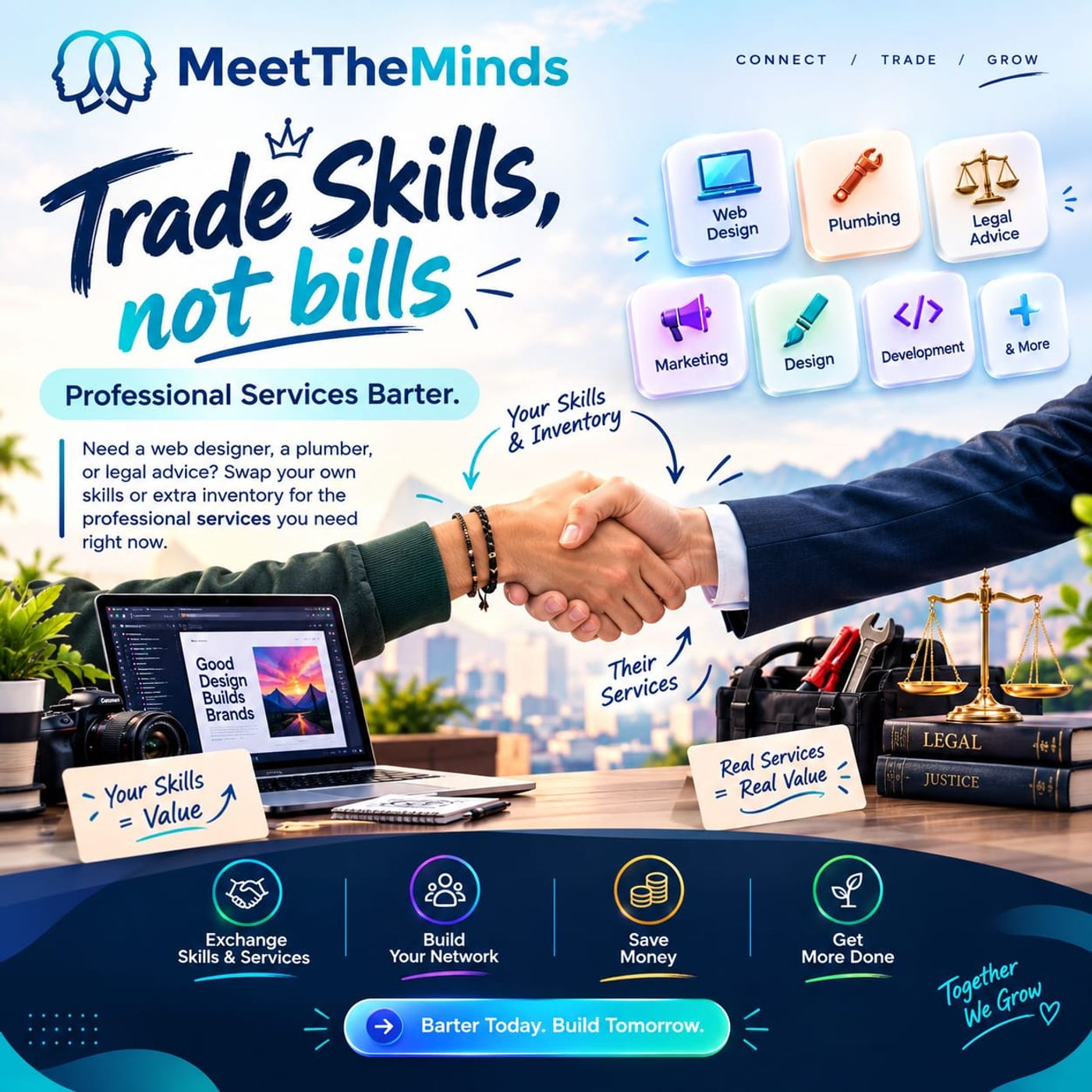 Meet The Minds Professional Services, a barter concept highlighting skill and service exchanges.