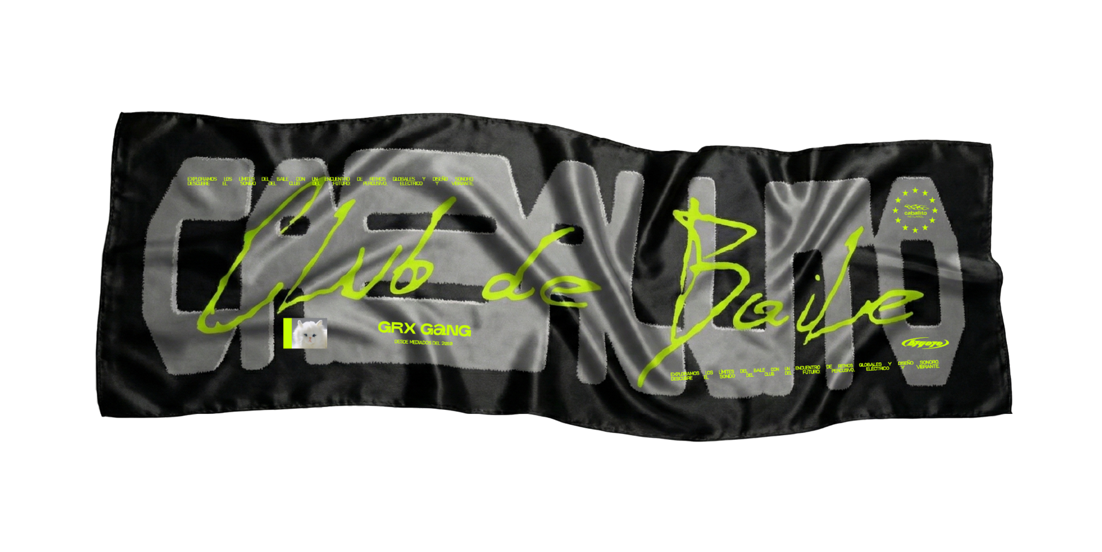 Black Caballito Club de Baile banner with grey lettering and acid-yellow script.
