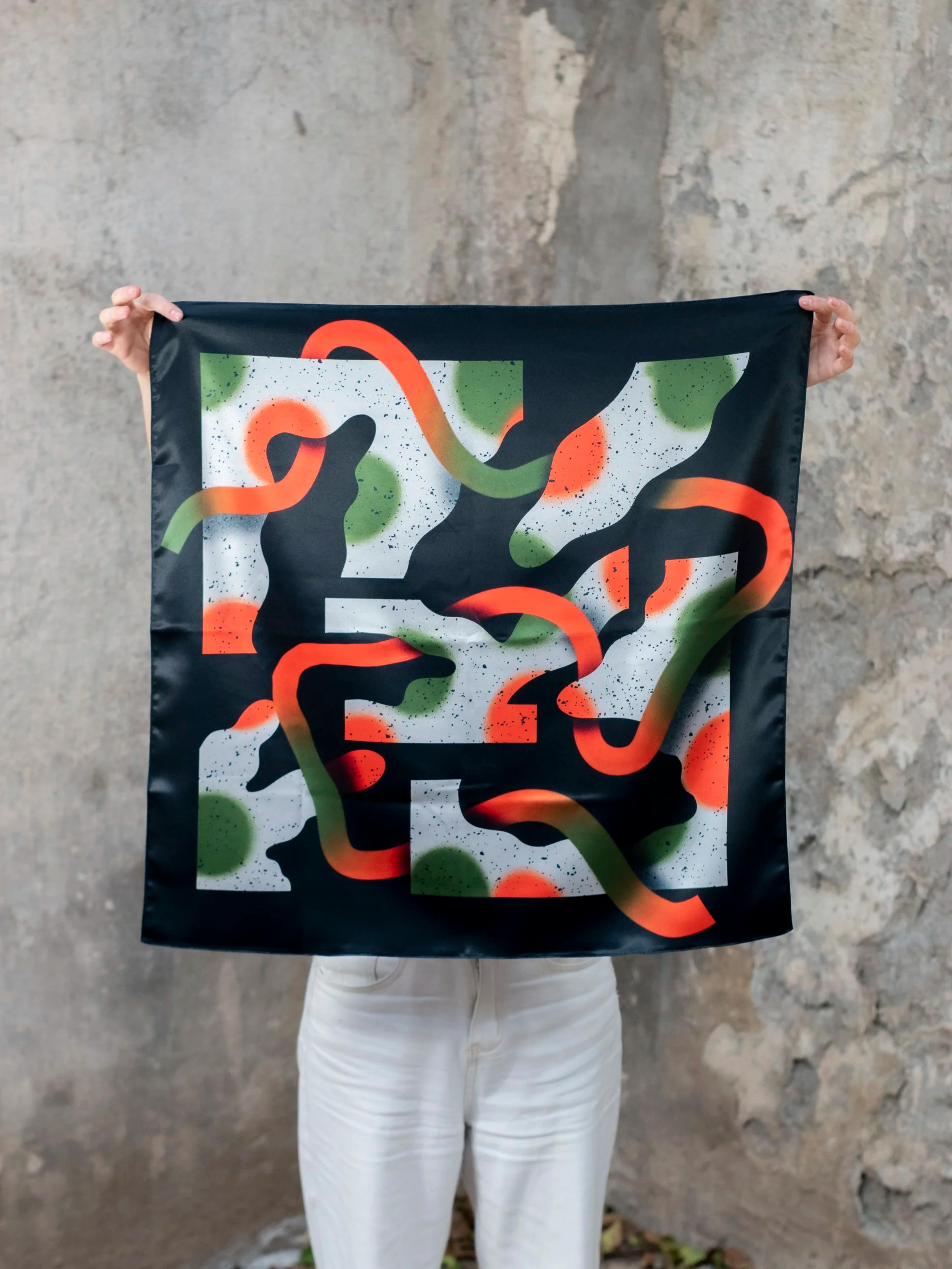 Printed Satin Scarf Orange and Green, image 1