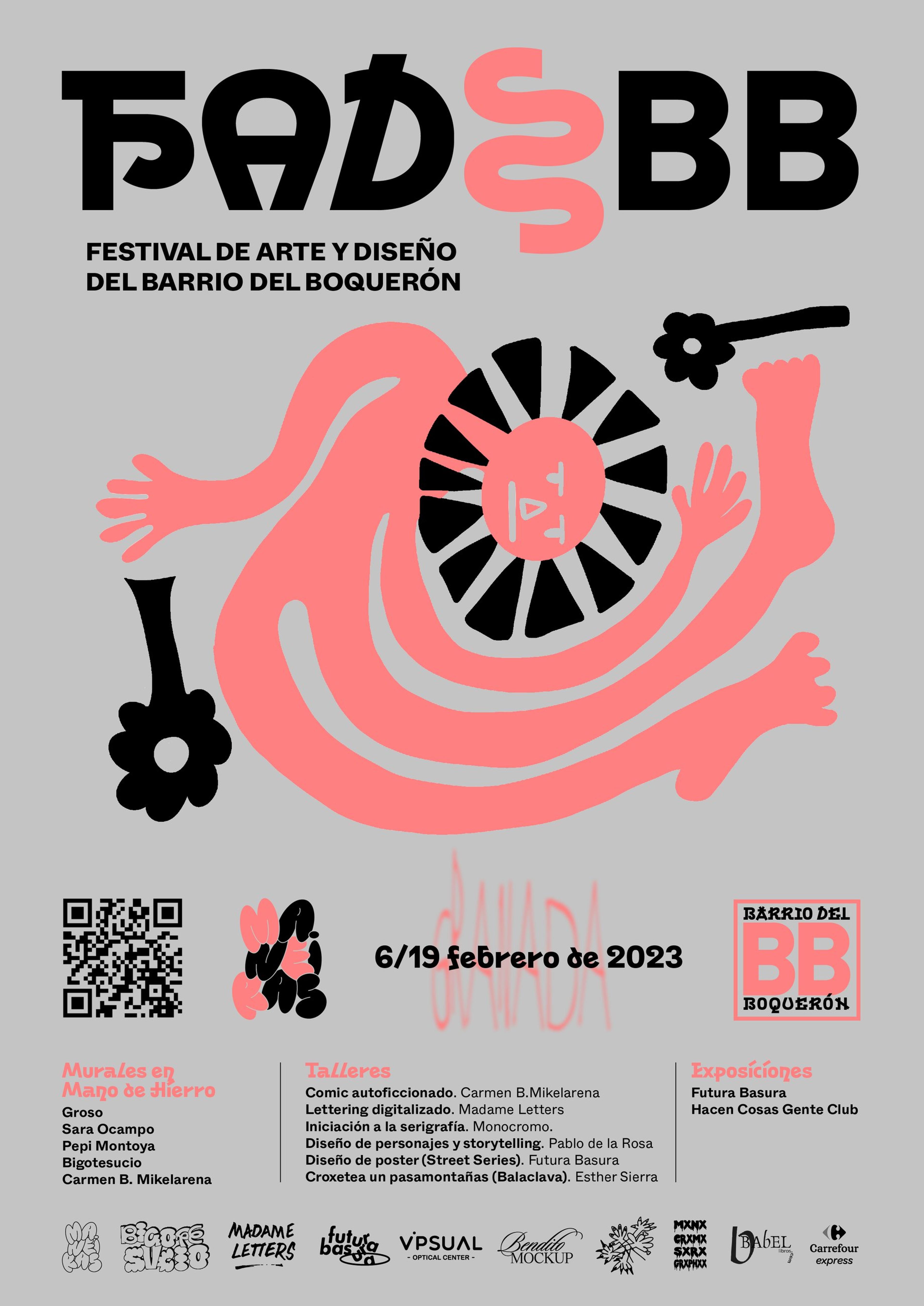 FADBB illustrated poster with a coral pink character