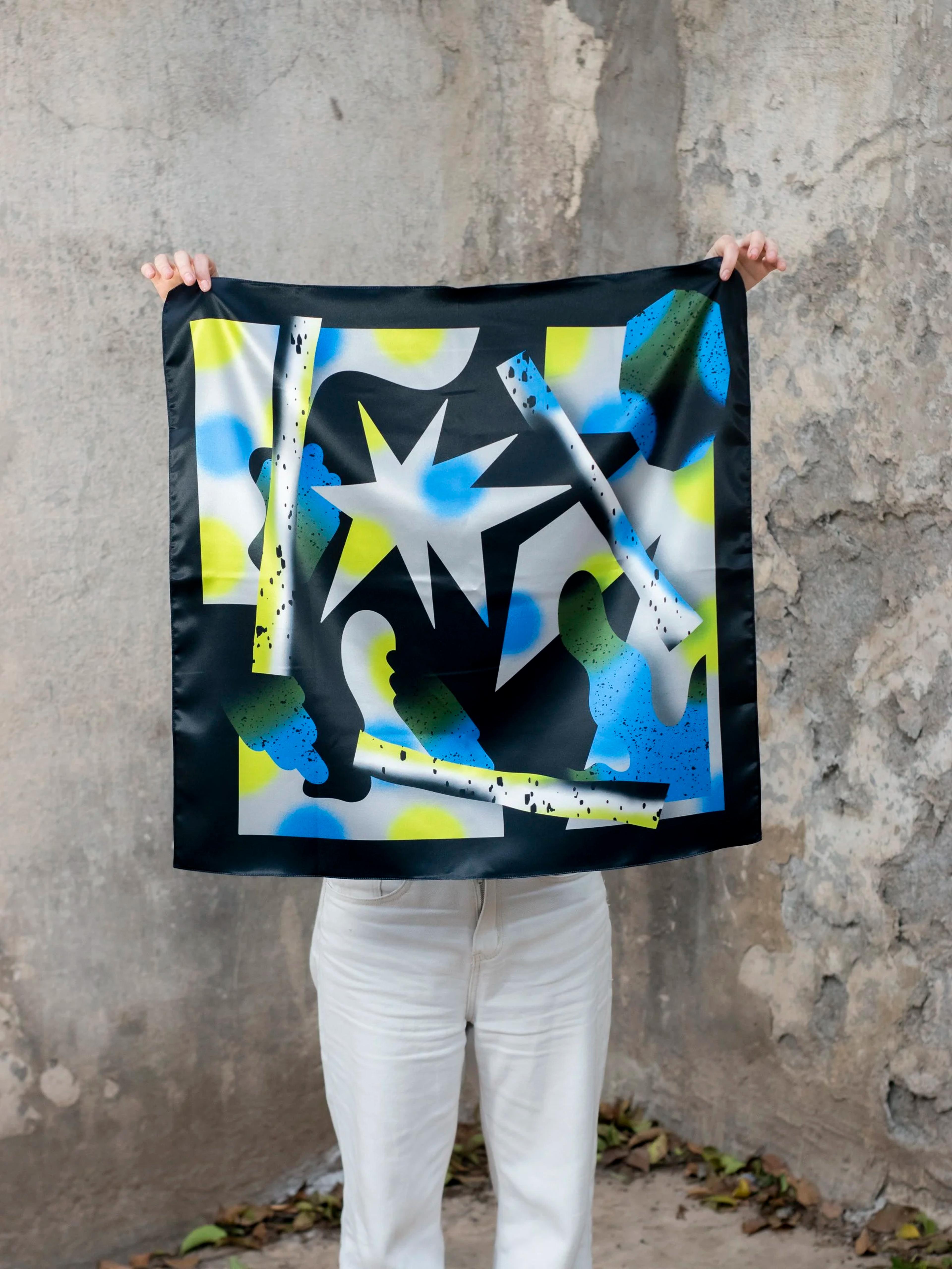 Printed Satin Scarf Blue and Yellow, image 1