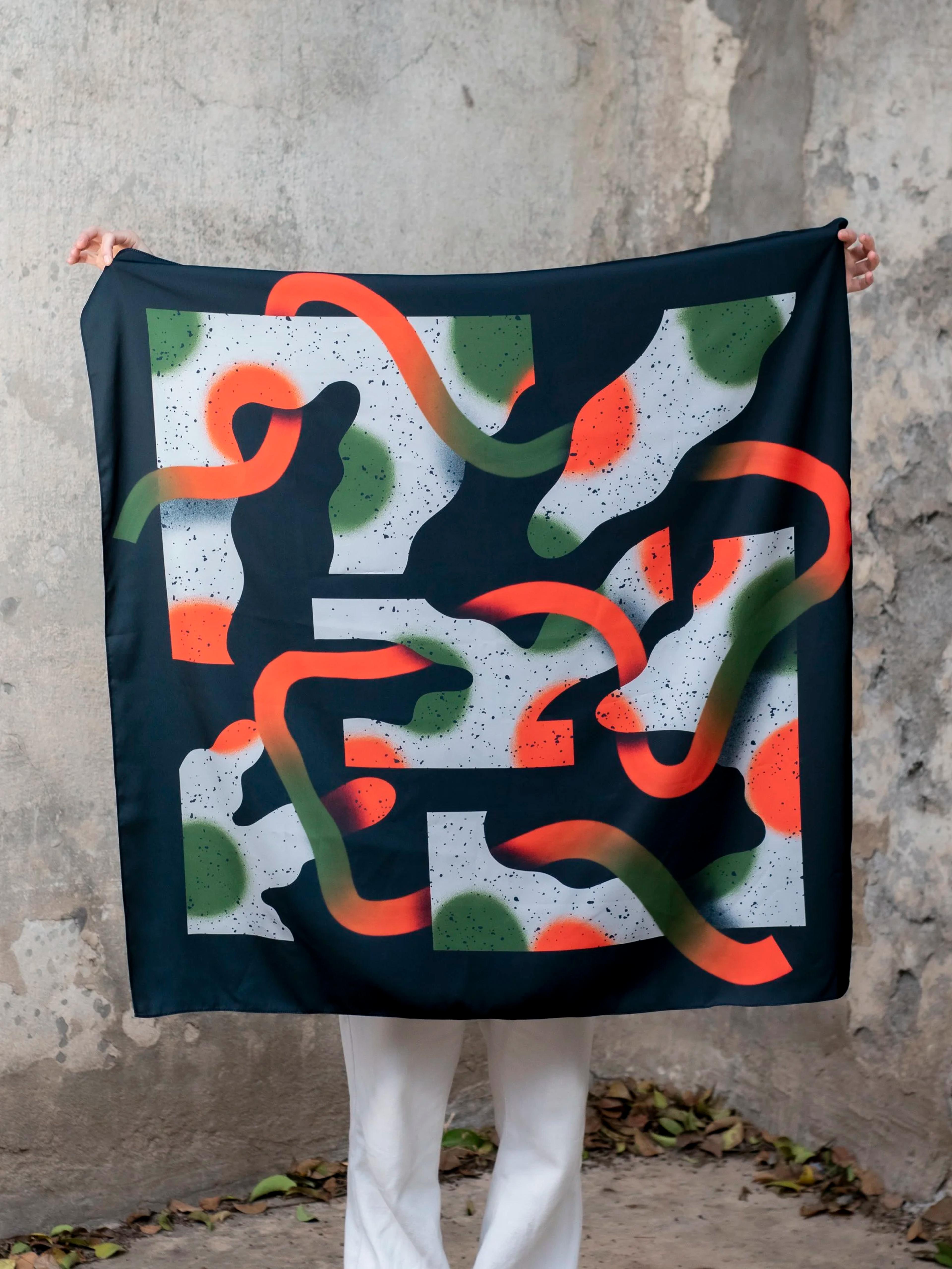 Printed Satin Scarf Orange and Green, image 2