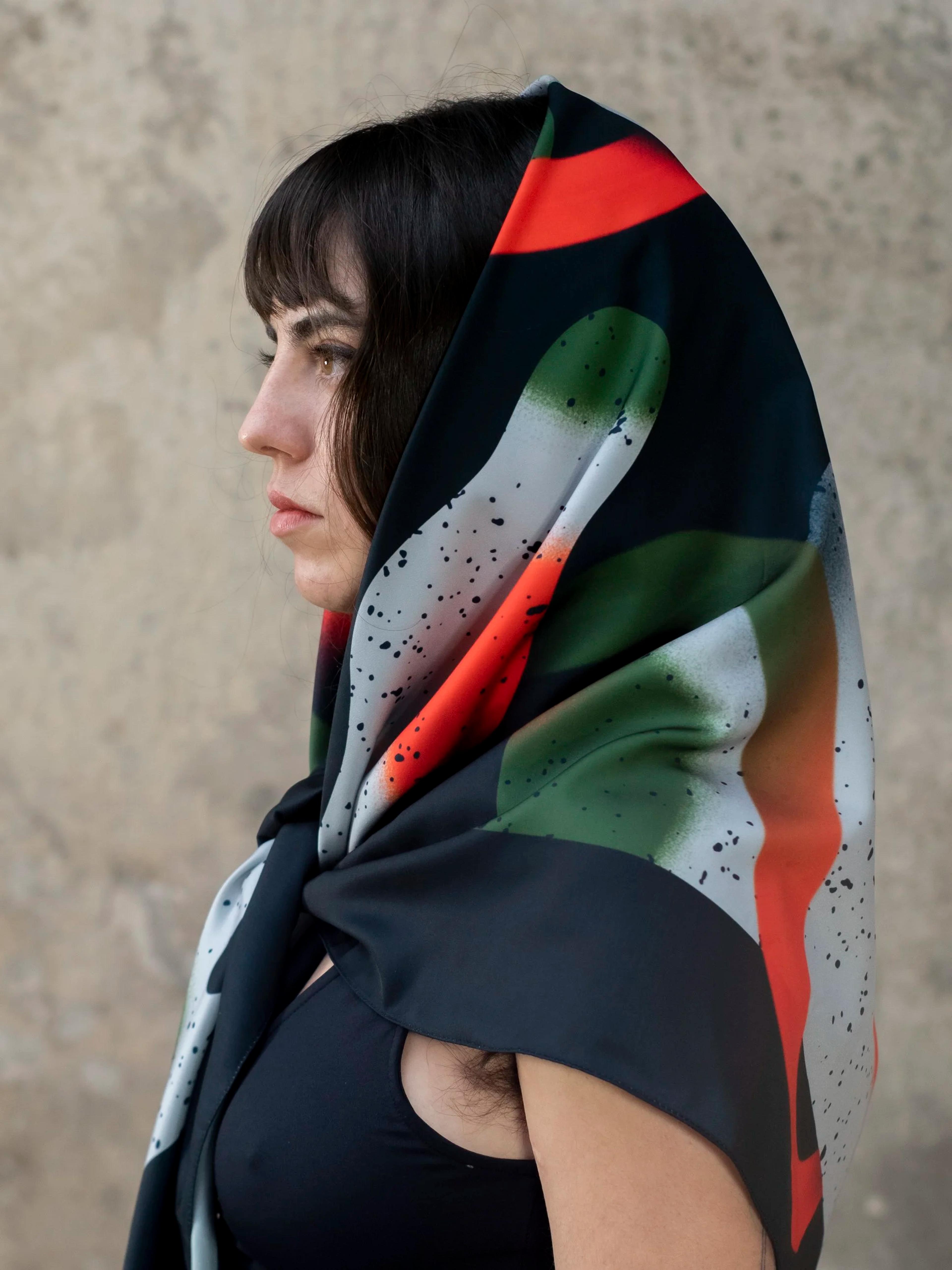 Printed Satin Scarf Orange and Green, image 3