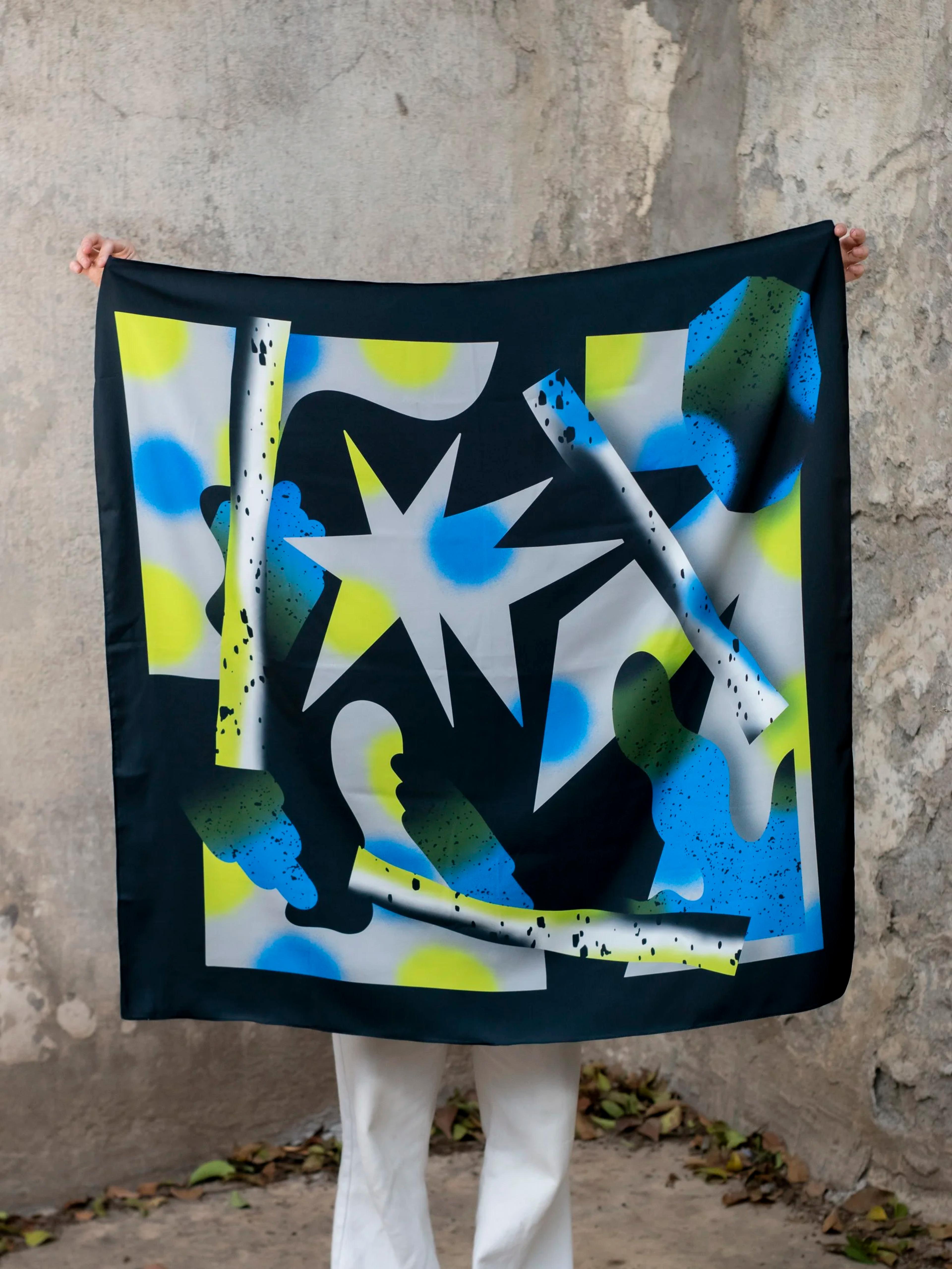 Printed Satin Scarf Blue and Yellow, image 2