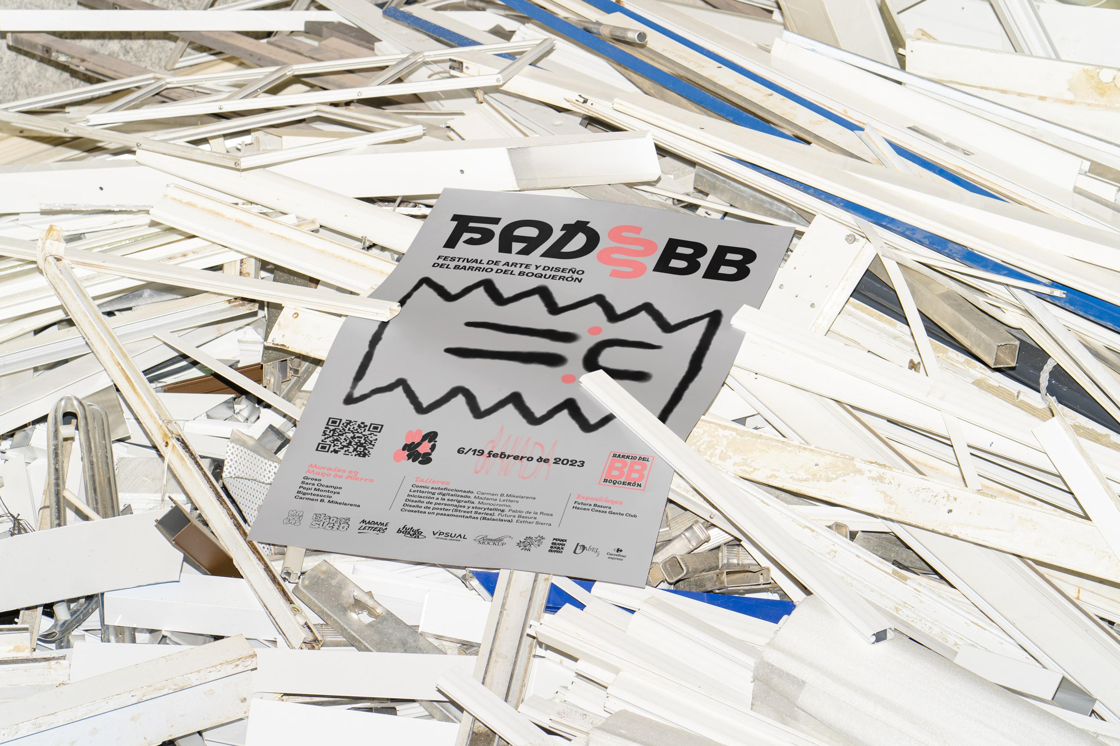 FADBB festival poster photographed among salvaged materials
