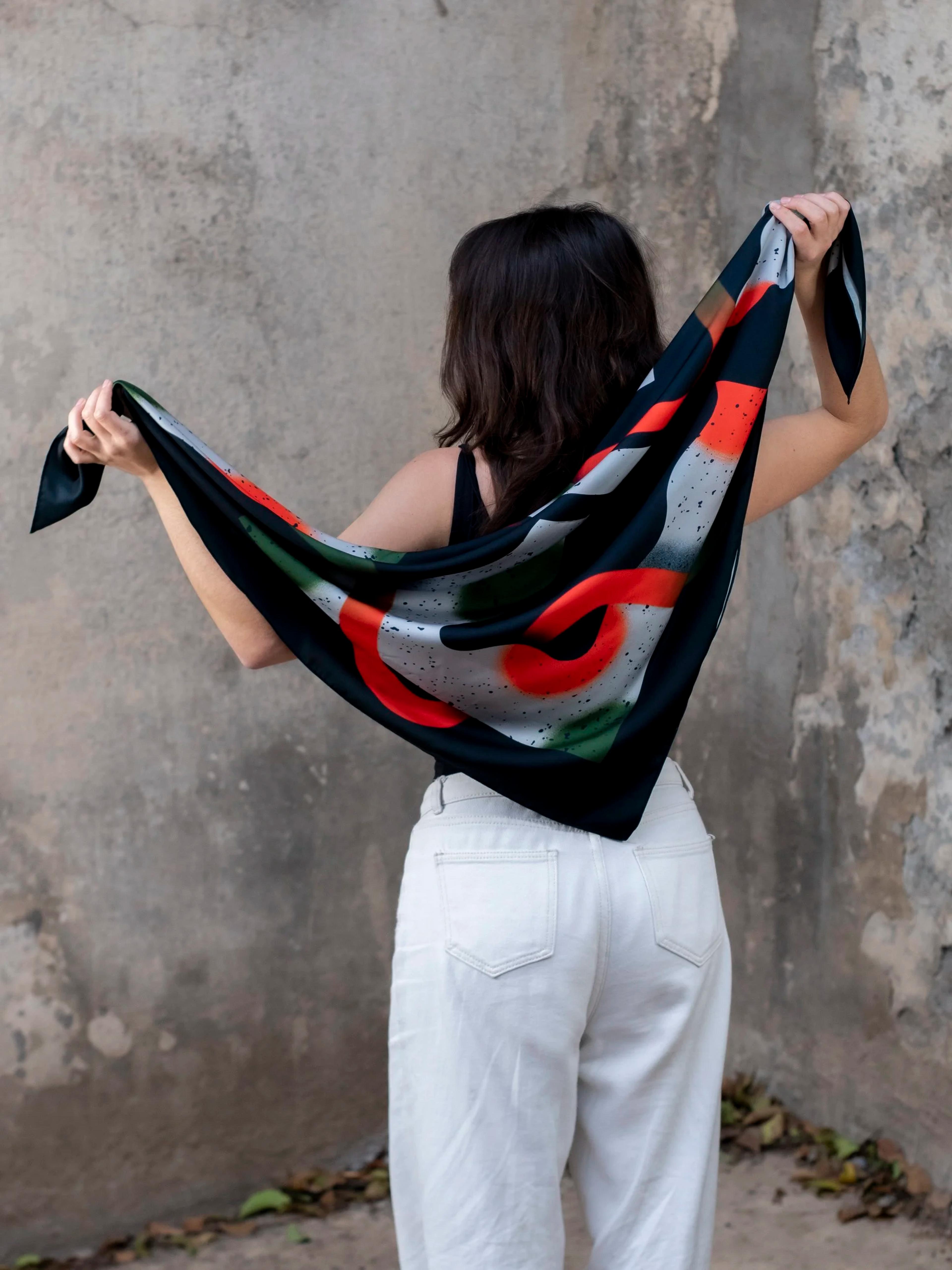 Printed Satin Scarf Orange and Green, image 4