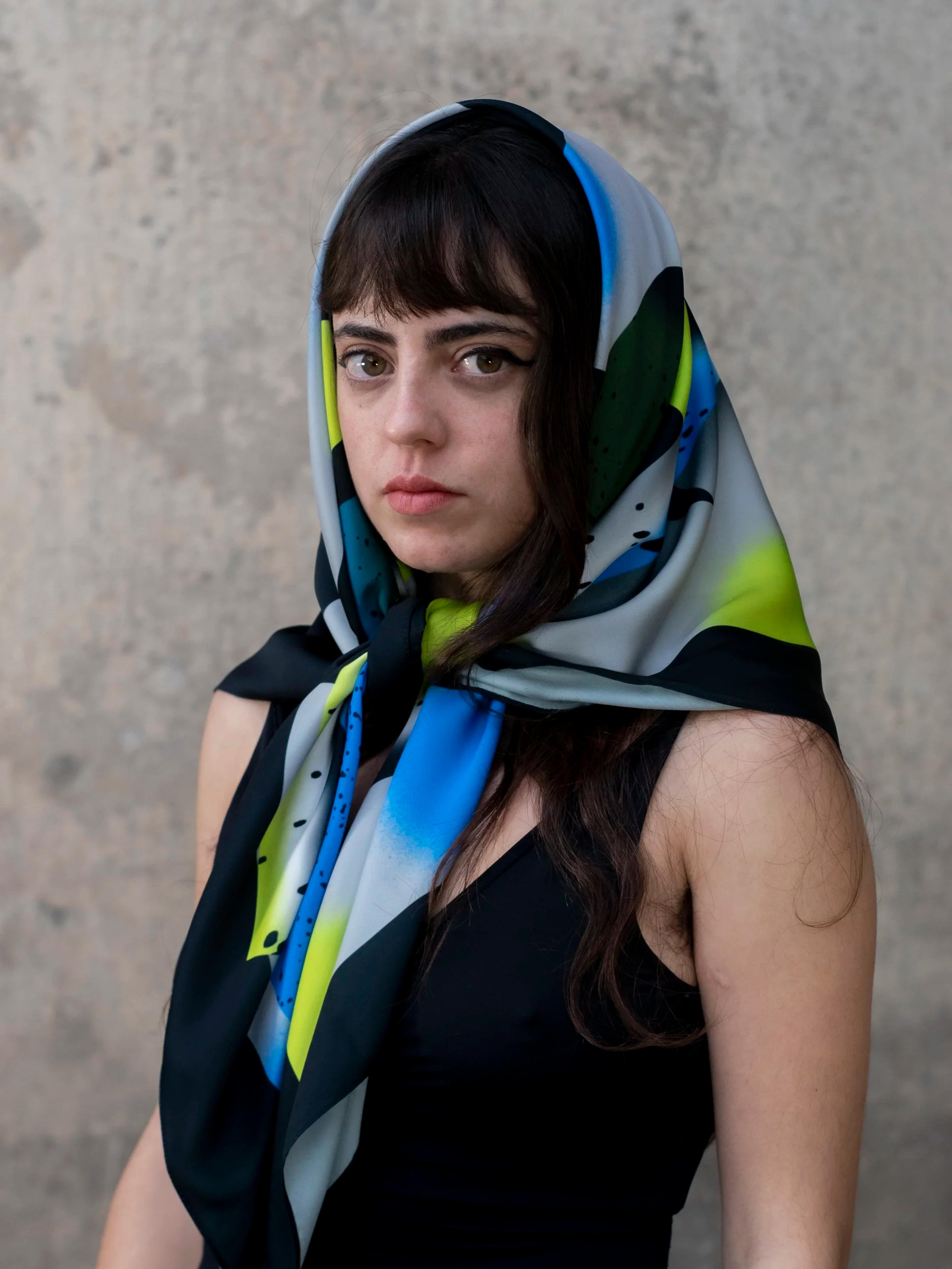 Printed Satin Scarf Blue and Yellow, image 5