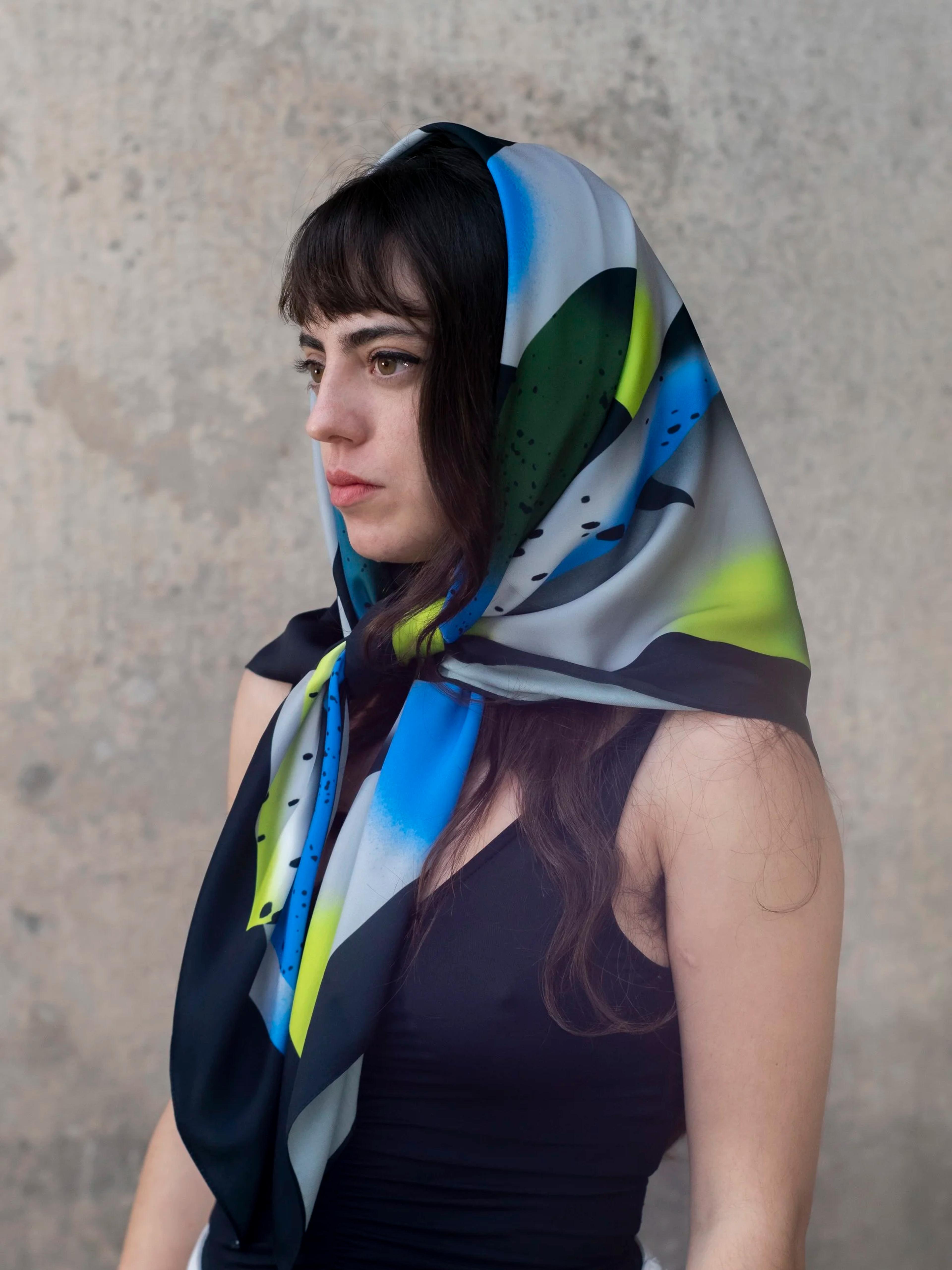 Printed Satin Scarf Blue and Yellow, image 3