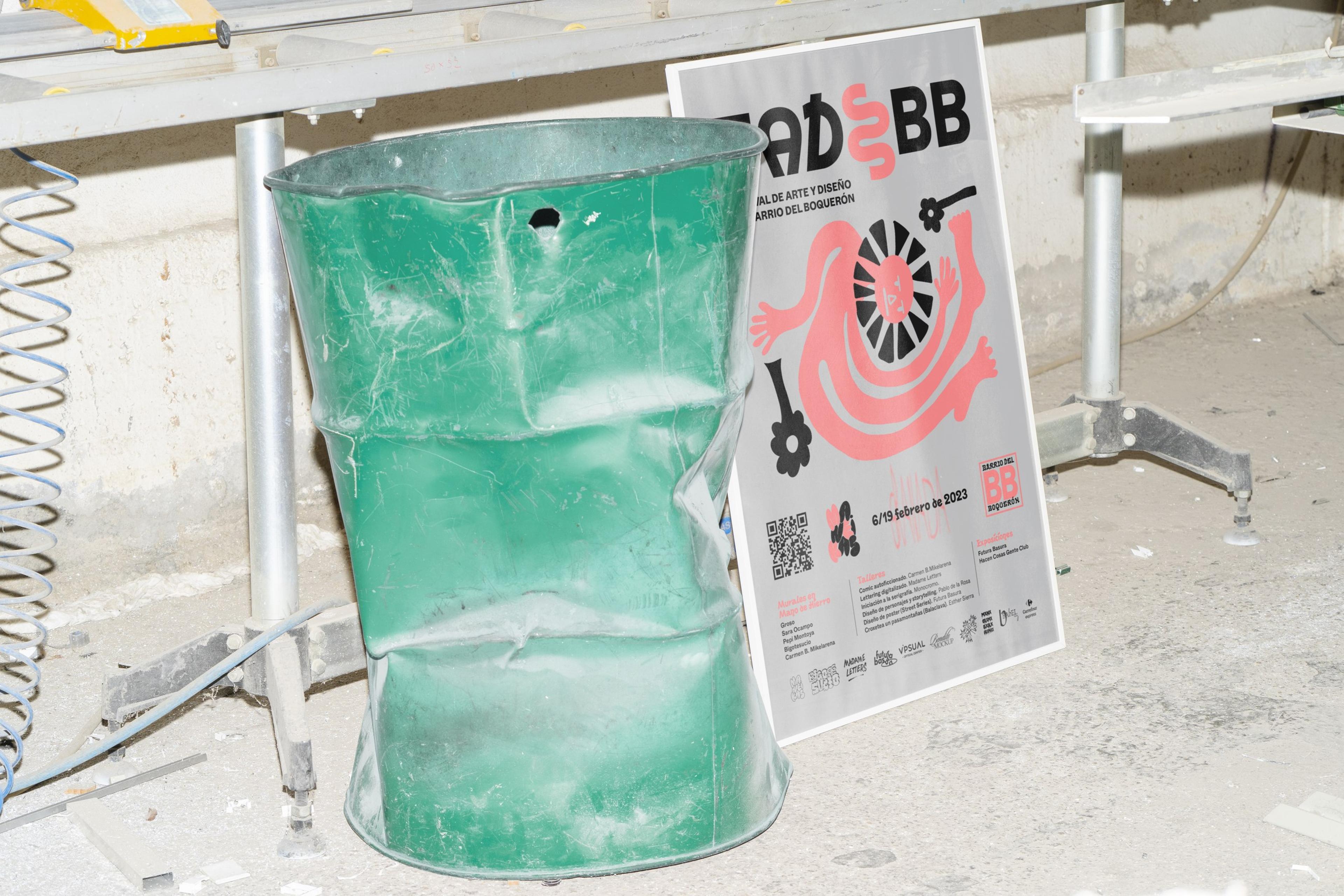 FADBB poster photographed beside a green industrial barrel