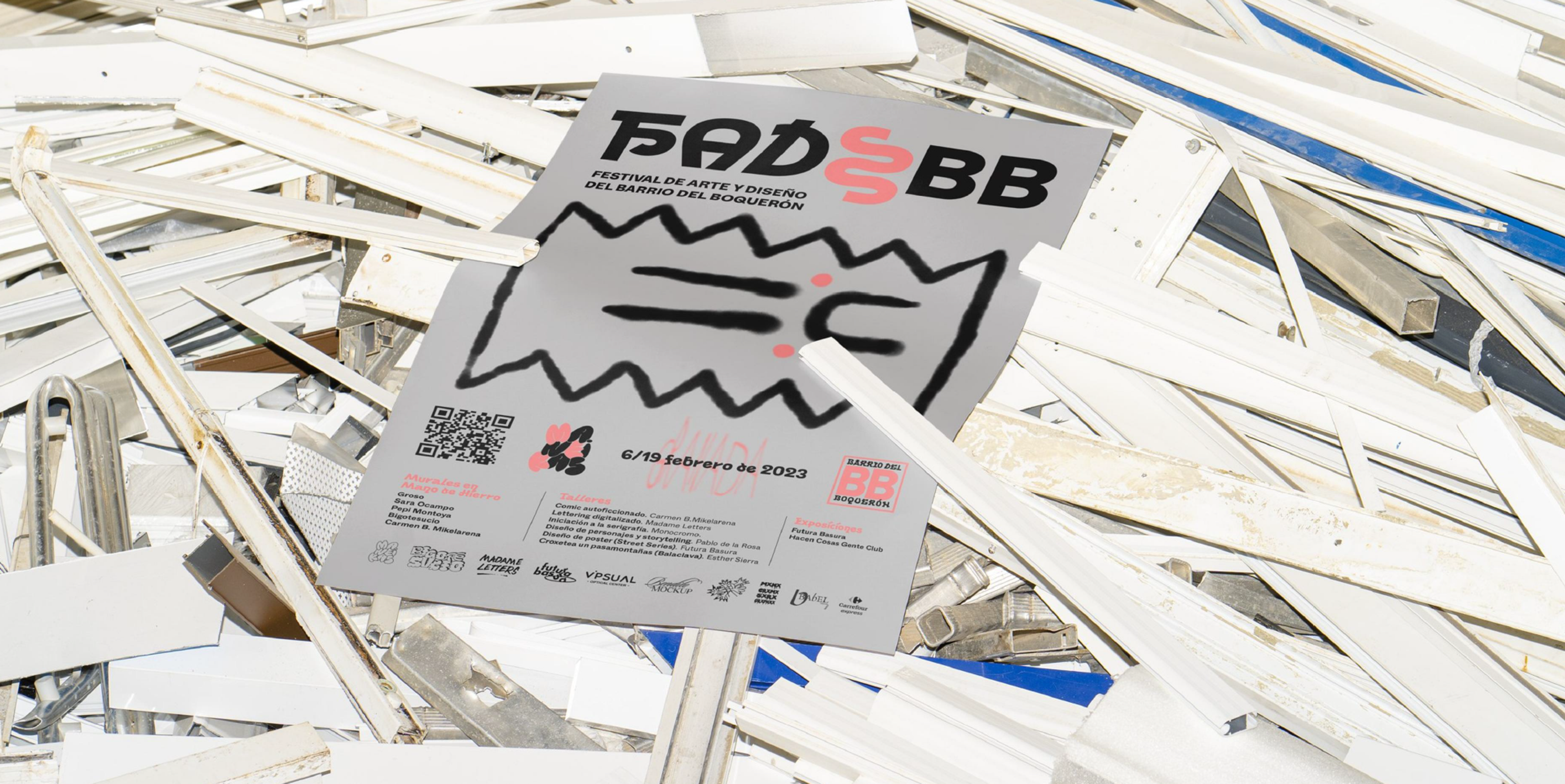 FADBB festival poster photographed among salvaged materials