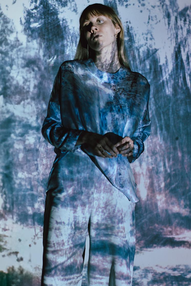 abstract projection on female model upper body