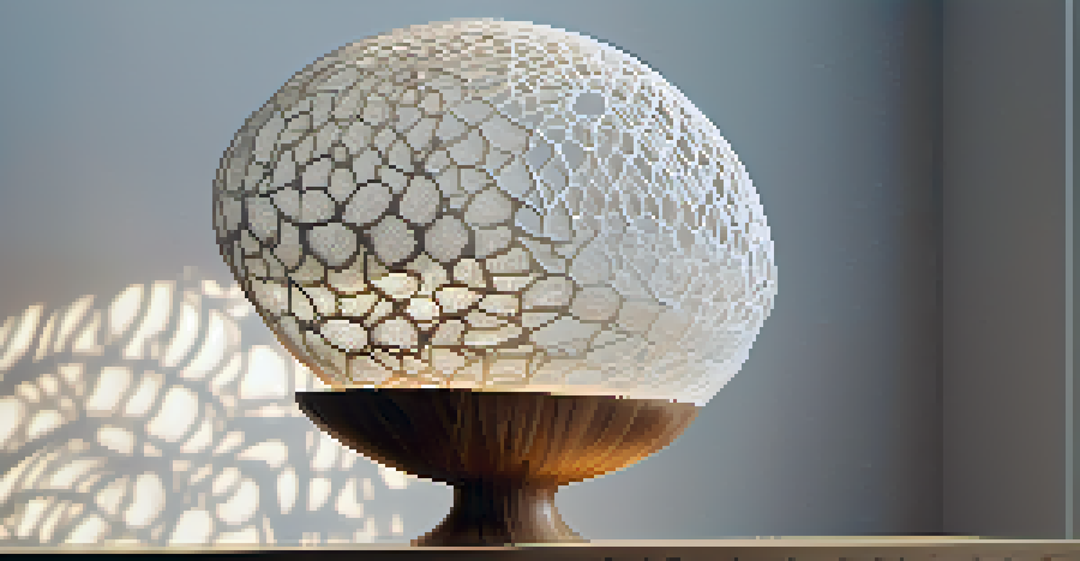 A close-up view of a delicate lace-like 3D-printed sculpture on a pedestal, highlighted by soft gallery lighting.