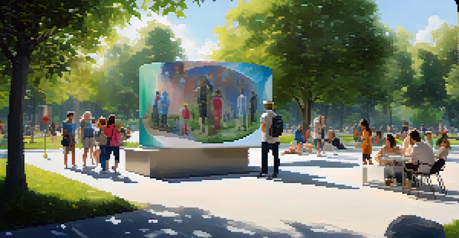 Sculptures made from recycled materials in a park, with families enjoying the outdoor space.