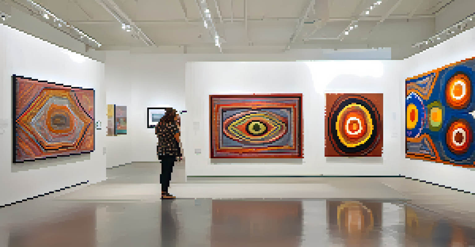 A gallery exhibition displaying contemporary Aboriginal art with visitors admiring colorful artworks, illuminated by bright lighting.