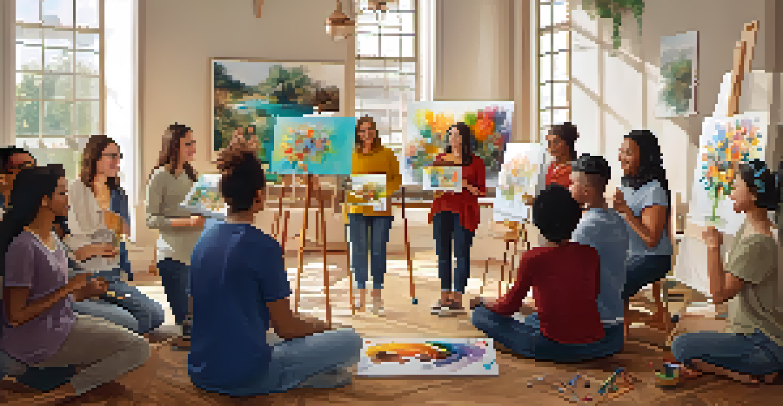 A supportive group of individuals sharing their artwork in a circle during an art therapy workshop.