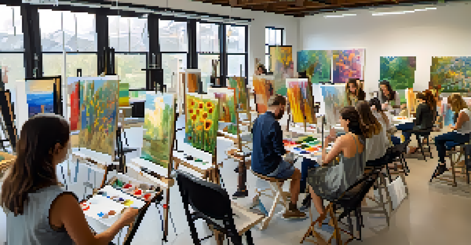 A vibrant art workshop with beginner artists painting on easels, showing expressions of engagement and collaboration.
