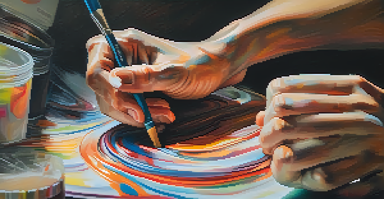 Close-up of an artist's hands applying vibrant paint to an abstract canvas, capturing the act of creation.