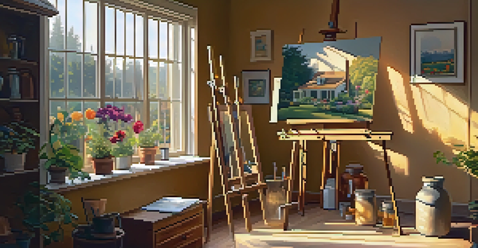 A cozy artist's studio filled with art supplies and a lit candle, with a view of a garden outside the window.
