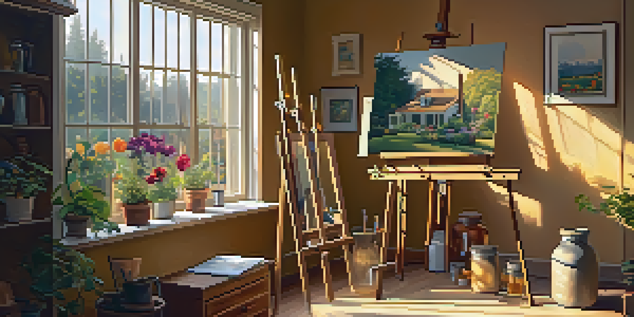 A cozy artist's studio filled with art supplies and a lit candle, with a view of a garden outside the window.