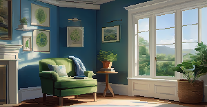 An inviting reading nook with blue and green walls, a comfortable chair, and plants, creating a calming atmosphere.
