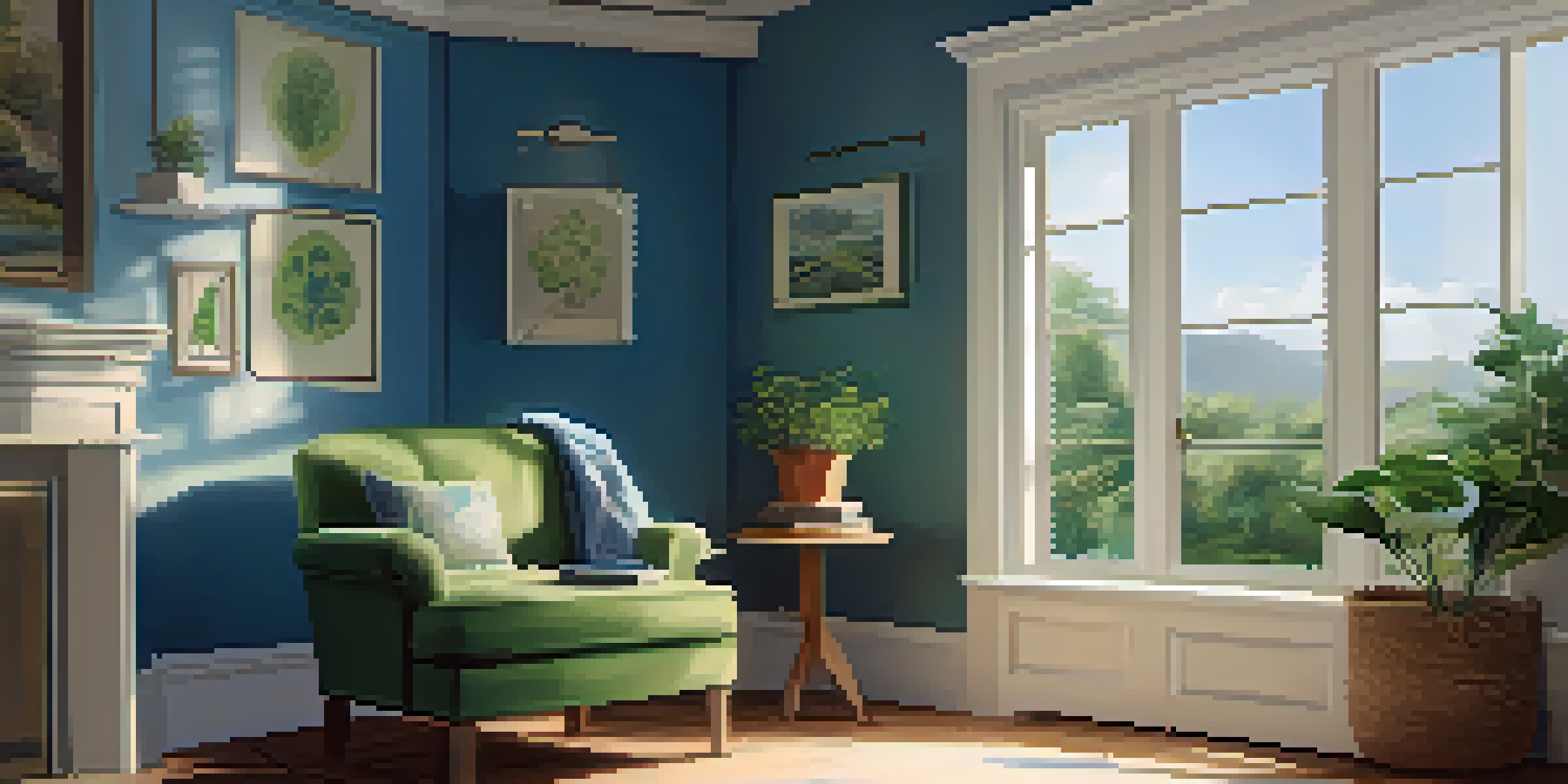 An inviting reading nook with blue and green walls, a comfortable chair, and plants, creating a calming atmosphere.