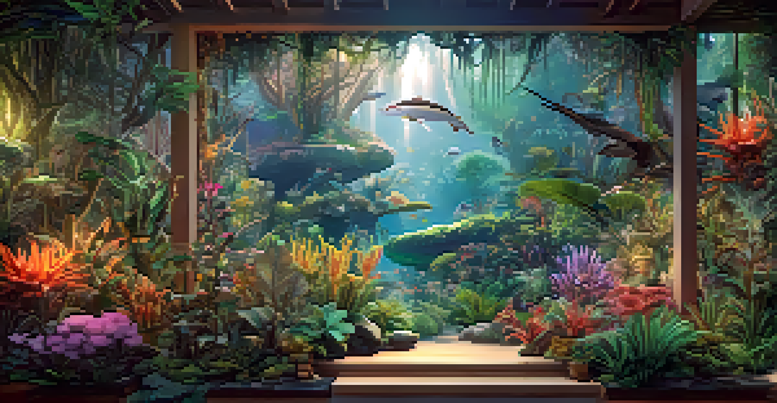 A vibrant digital landscape of an endangered ecosystem with detailed plants and animals.