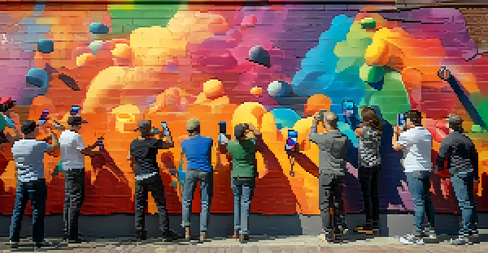 A street artist painting a large mural against a brick wall, with a crowd watching and warm sunset lighting.