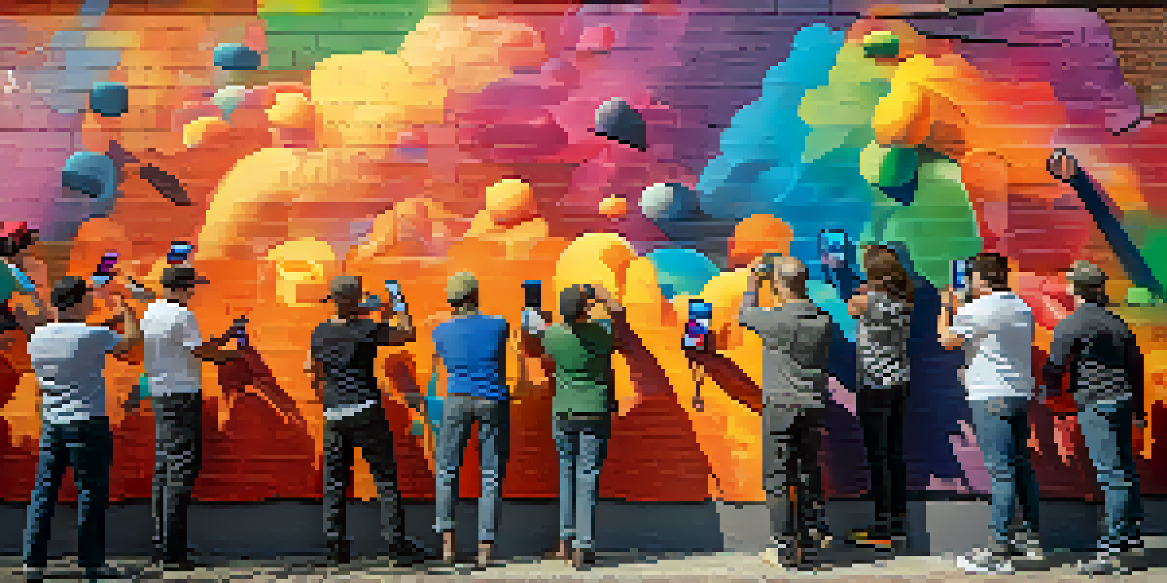 A street artist painting a large mural against a brick wall, with a crowd watching and warm sunset lighting.