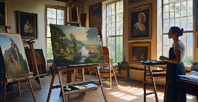 A female artist painting in a sunlit Renaissance studio filled with art supplies and historical artworks.