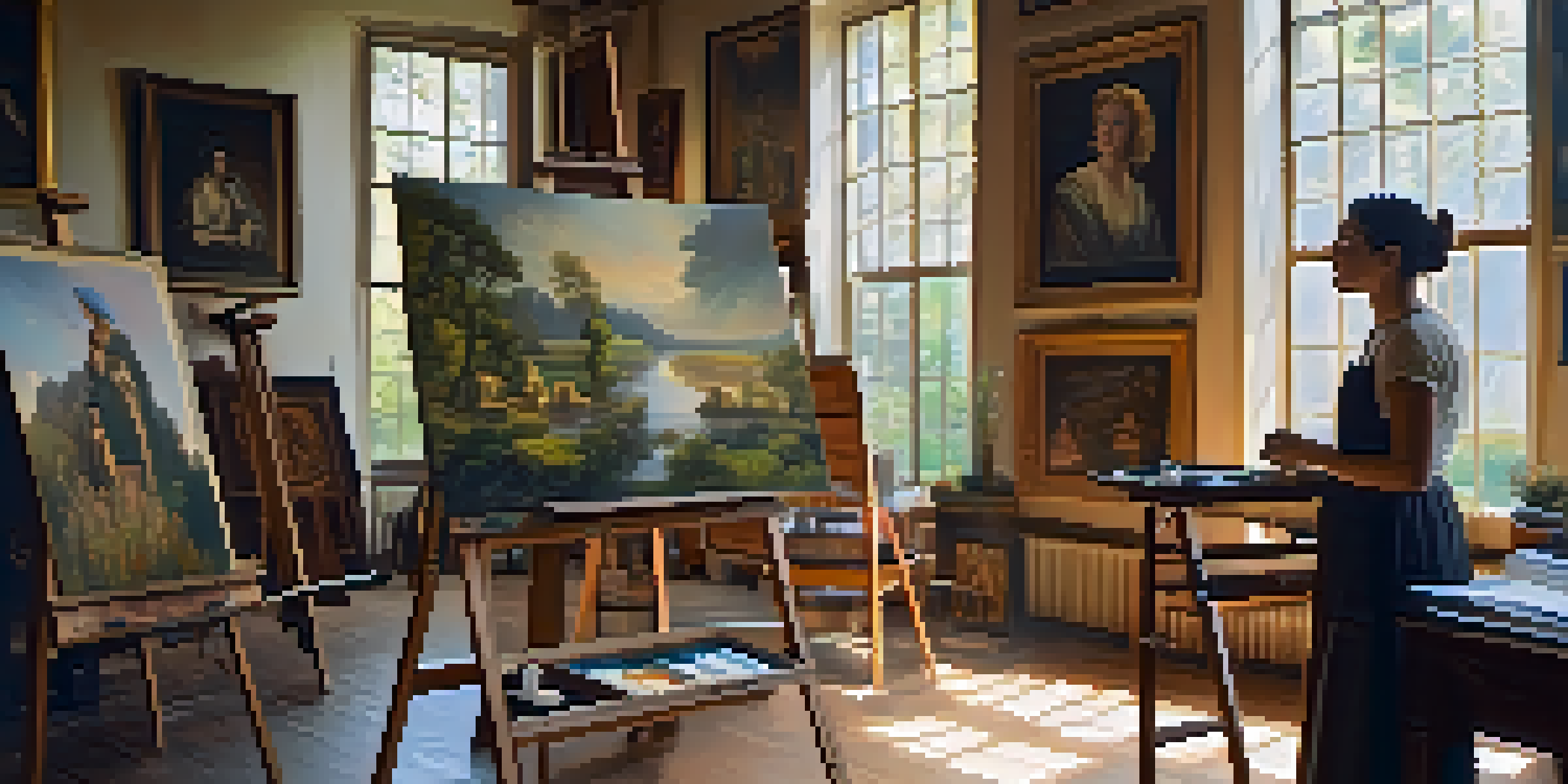 A female artist painting in a sunlit Renaissance studio filled with art supplies and historical artworks.