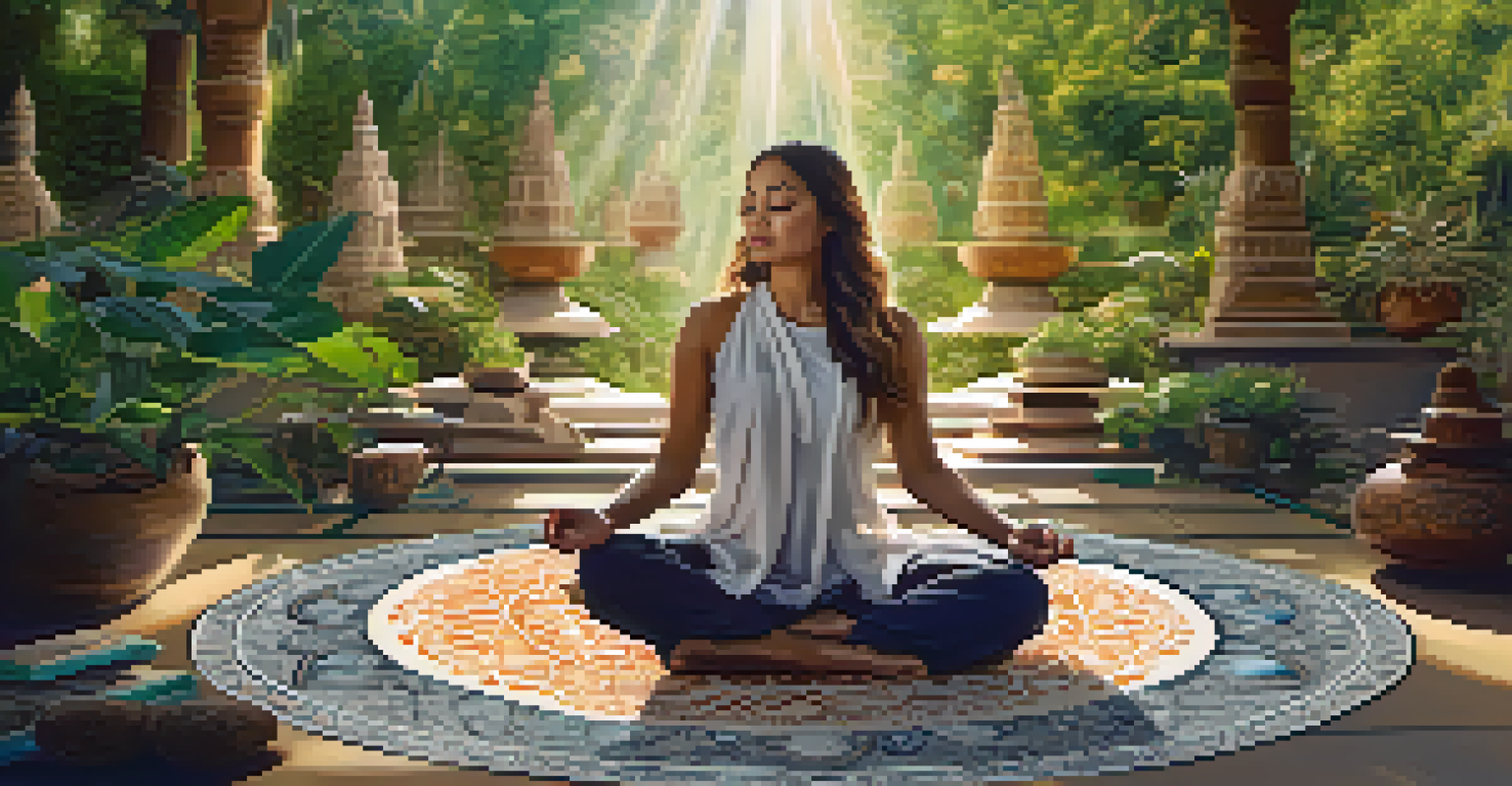 A person meditating outdoors surrounded by various mandalas, embodying peace and mindfulness.